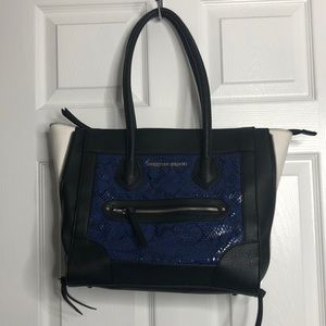 Christian Siriano Payless Purse Blue Black White Zipper Expendable Sides